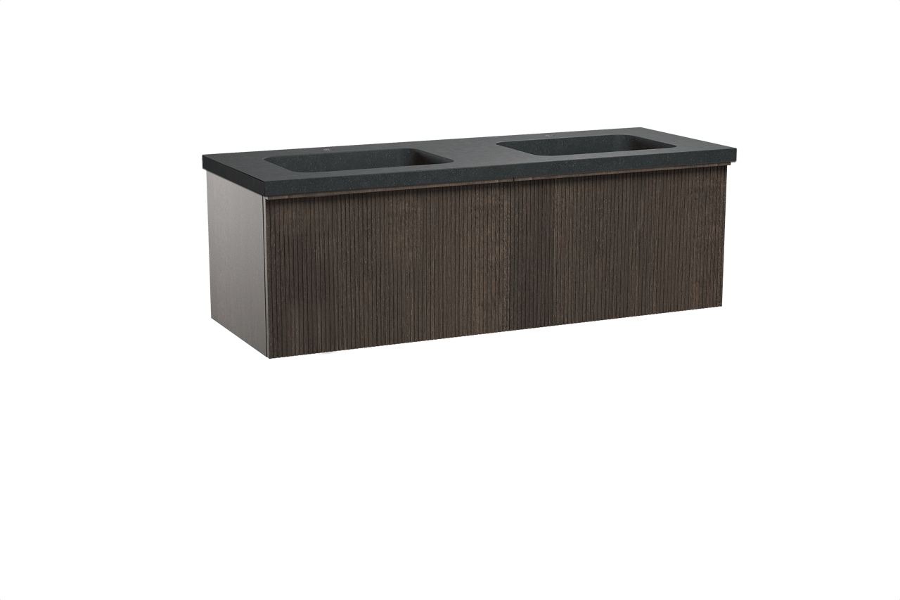 Balmani Forma zwevend badkamermeubel 150 x 55 cm gerookte eik met Napoli dubbele wastafel in graniet zwart, Verticale symmetrische rechte ribbel