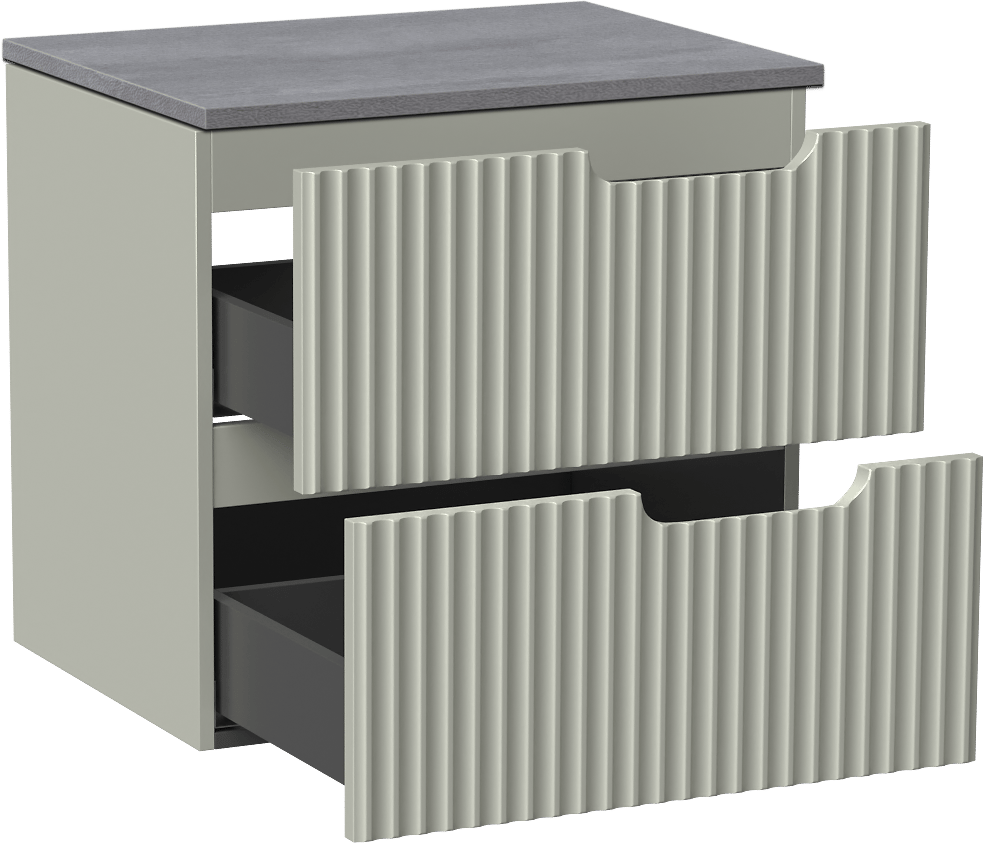 Linie Ribbo zwevend badmeubel 60 x 46 cm greige met Lado enkel wastafelblad in melamine beton donkergrijs, Verticale symmetrische ronde ribbel