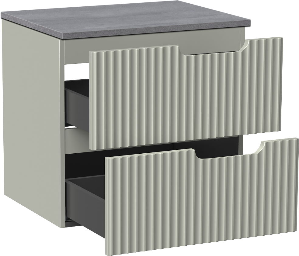 Linie Ribbo zwevend badmeubel 60 x 46 cm greige met Lado enkel wastafelblad in melamine beton donkergrijs, Verticale symmetrische ronde ribbel