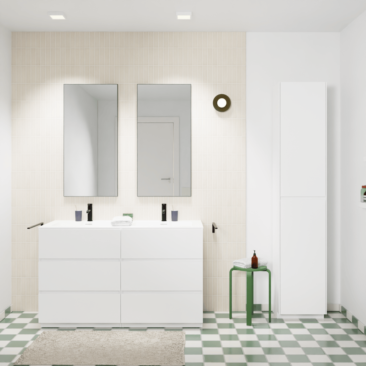 Storke Edge freistehendes Möbelstück Set: 130 x 52 cm, Weiß matt, mit Mata Doppelwaschtisch, Solid Surface Weiß matt