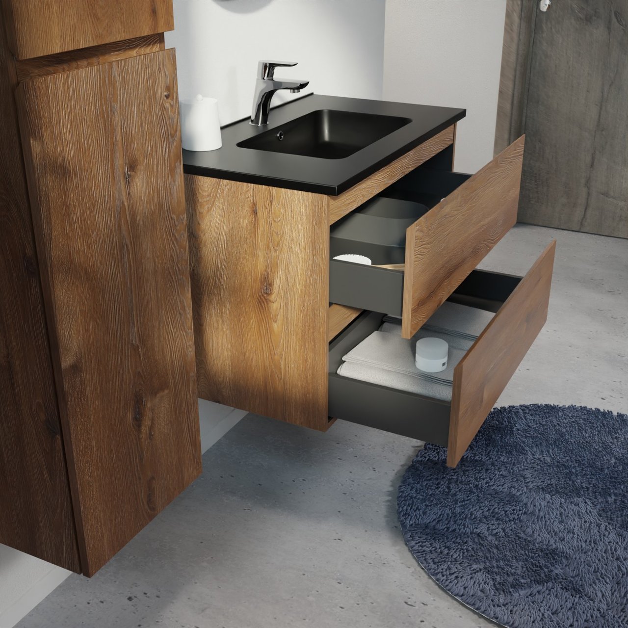 Linie Lado meuble salle de bains suspendu 80 x 46 cm chêne brun avec Vano plan simple en marbre composite noir mat