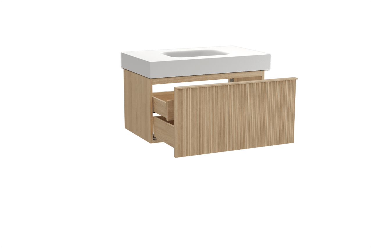 Balmani Forma hängendes Möbelstück Set: 90 x 55 cm, Naturbelassene Eiche, mit Arcato Einzelwaschtisch, Solid Surface, Weiß matt, Vertikale asymmetrische Runde Rippe