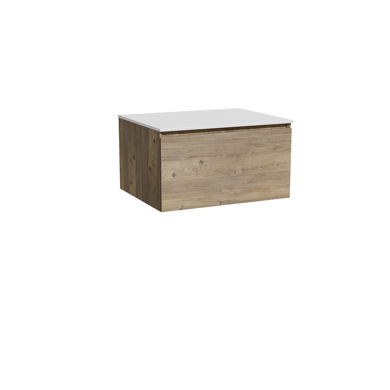 Storke Edge hängendes Möbelstück Set: 65 x 52 cm, Rohe Eiche, mit Tavola Einzel Waschtischplatte, Solid Surface Weiß matt