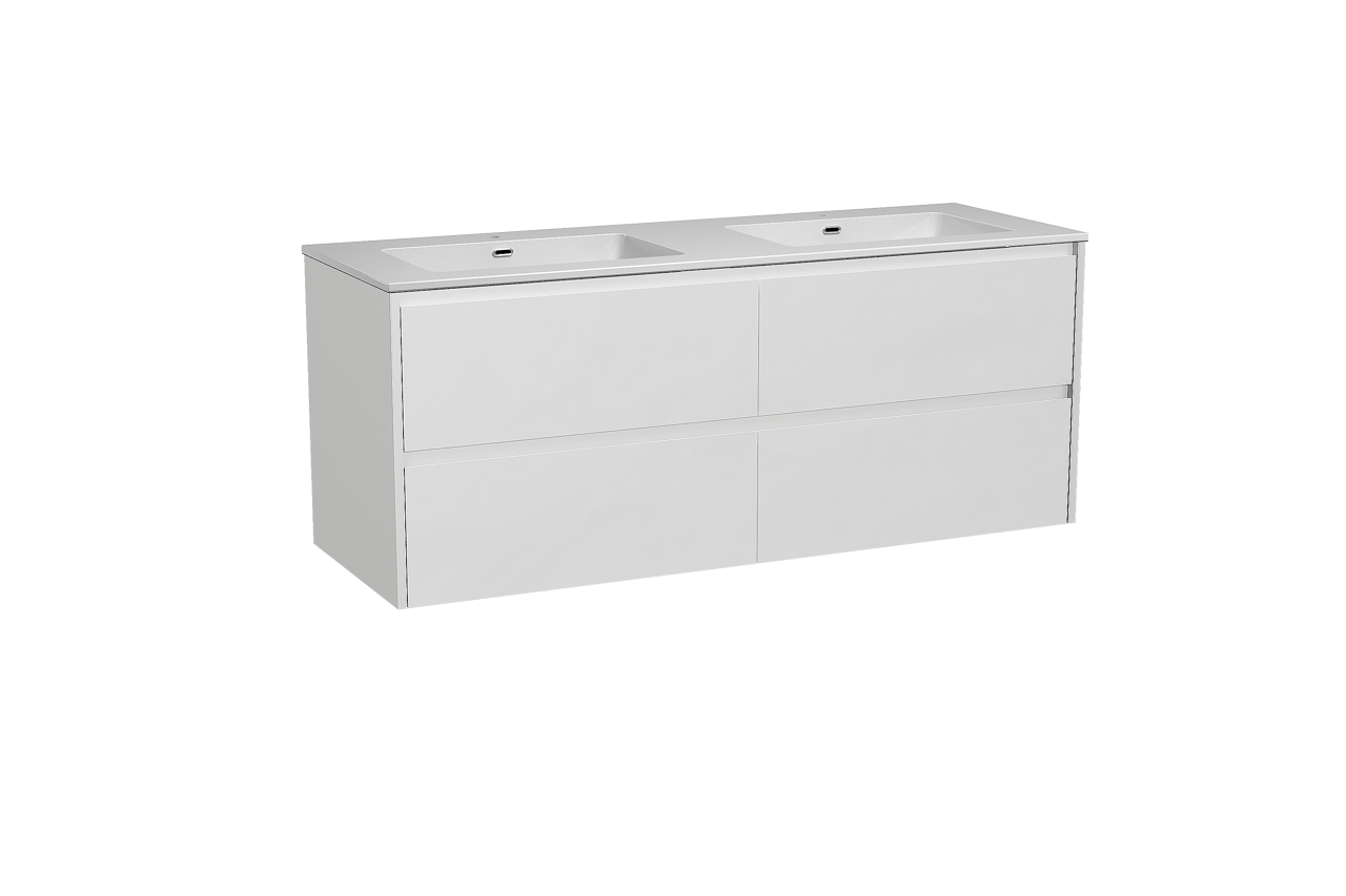 Storke Seda meuble salle de bains suspendu 150 x 52 cm blanc mat avec Diva double vasque en marbre composite blanc brillant