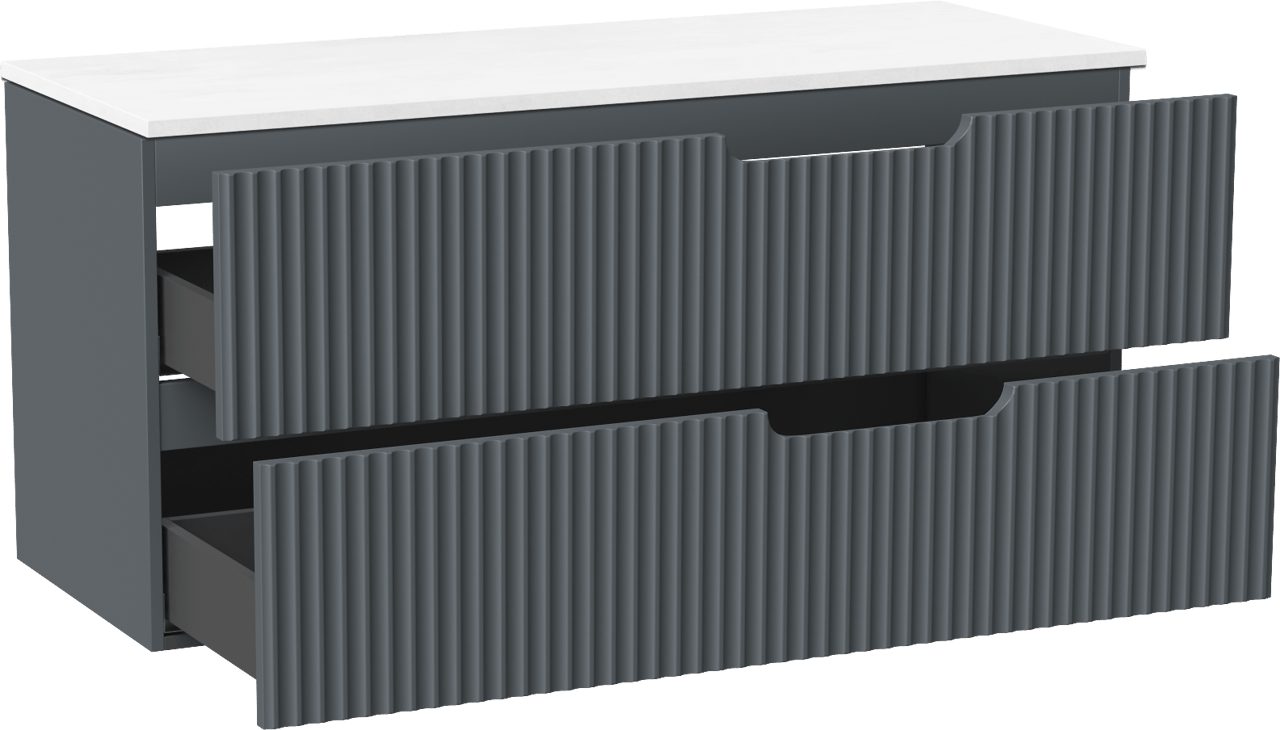 Linie Ribbo meuble salle de bains suspendu 120 x 46 cm bleu anthracite avec Lado tablette double en marbre composite blanc brillant, Nervure circulaire symétrique verticale