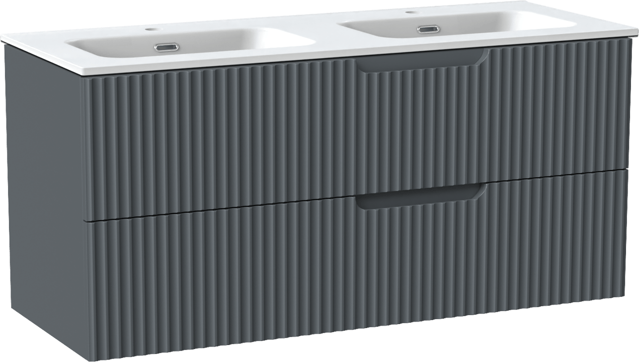 Linie Ribbo hängendes Möbelstück Set: 120 x 46 cm, Anthrazitblau, mit Baro Doppelwaschtisch, Porzellan, Weiß matt, Vertikale symmetrische runde Rippe