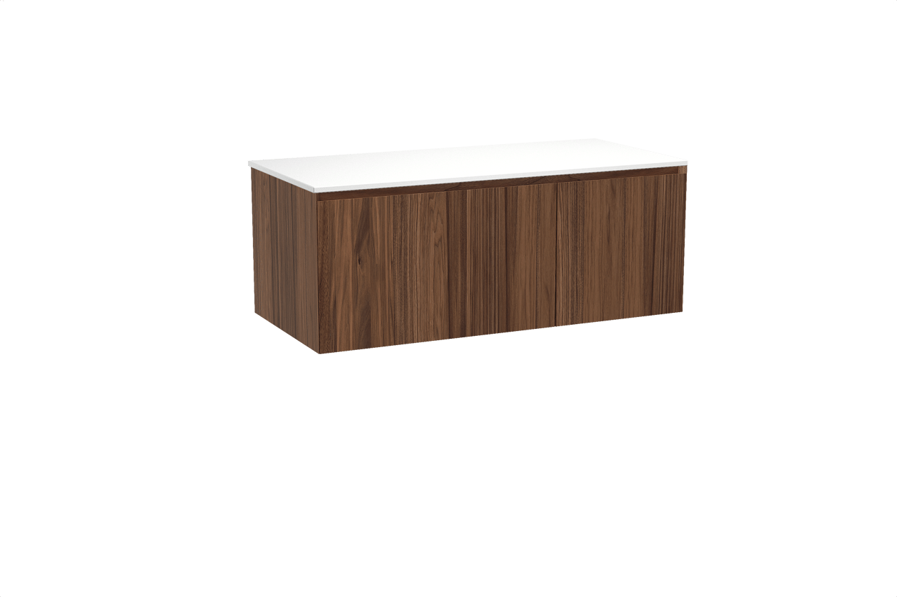 Balmani Idra hängendes Möbelstück Set: 120 x 55 cm, Nussbaum, mit Stretto Einzel- oder Doppel Waschtischplatte, Solid Surface Weiß matt