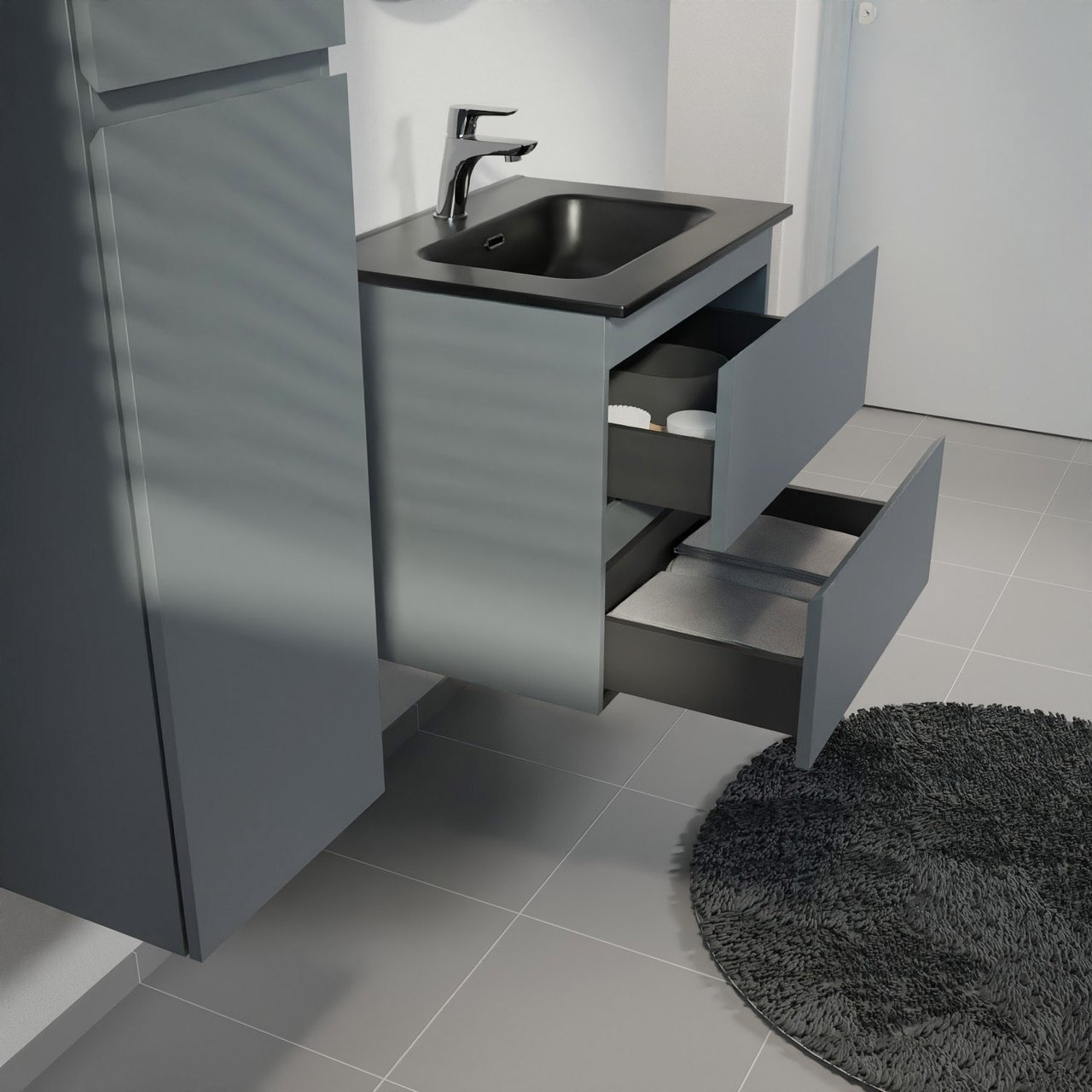 Linie Lado zwevend badmeubel 60 x 46 cm blauw antraciet met Baro enkele wastafel in porselein mat zwart