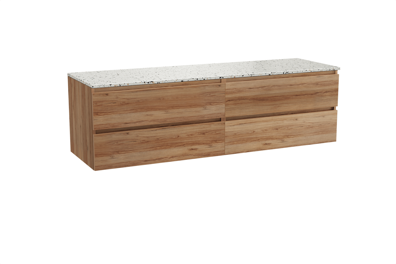 Balmani Lucida meuble salle de bains suspendu 180 x 55 cm teck avec Stretto tablette simple ou double en blanc/noir mat terrazzo