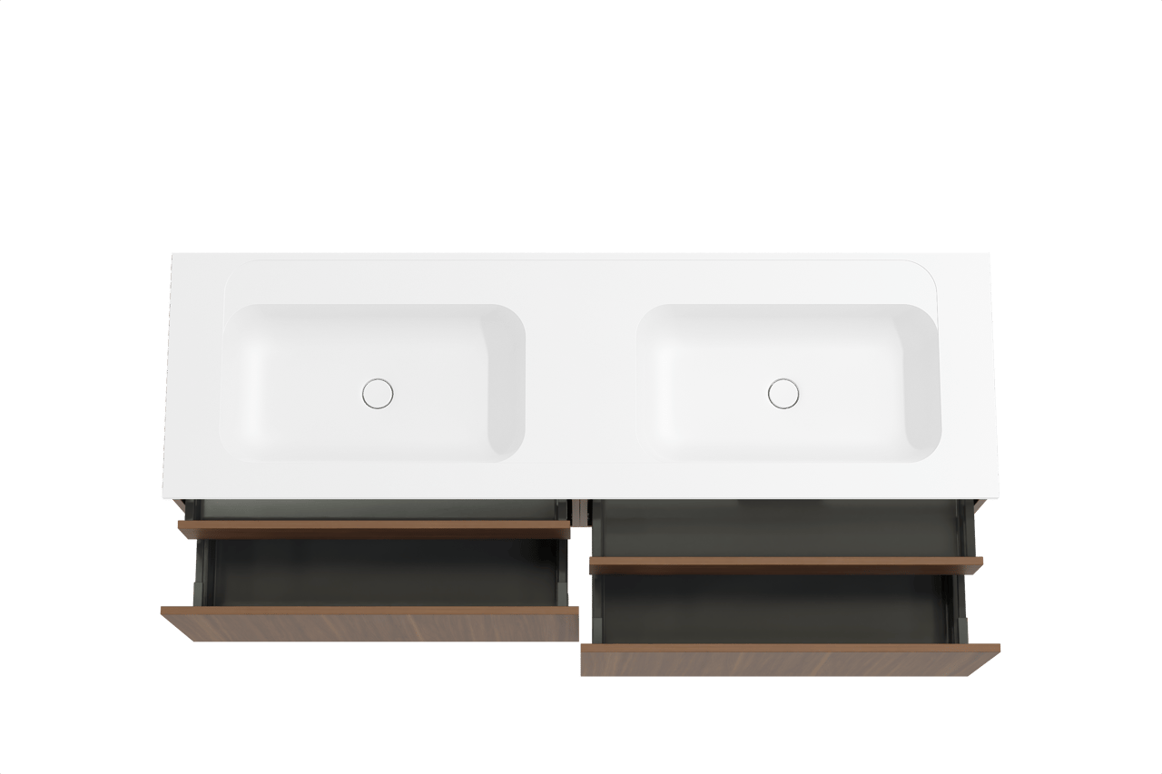 Balmani Sfera meuble salle de bains suspendu 180 x 55 cm noyer américain avec Tablo Strada double vasque en marbre composite blanc mat