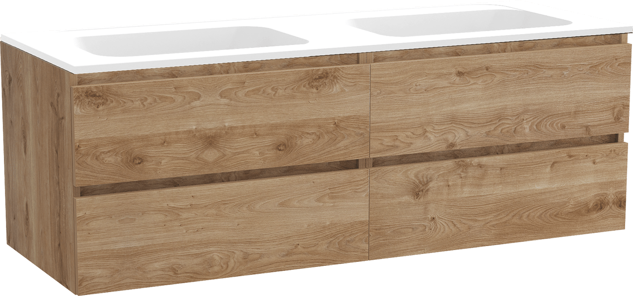 Balmani Lucida meuble salle de bains suspendu 150 x 55 cm chêne brut avec Tablo Strada double vasque en marbre composite blanc mat