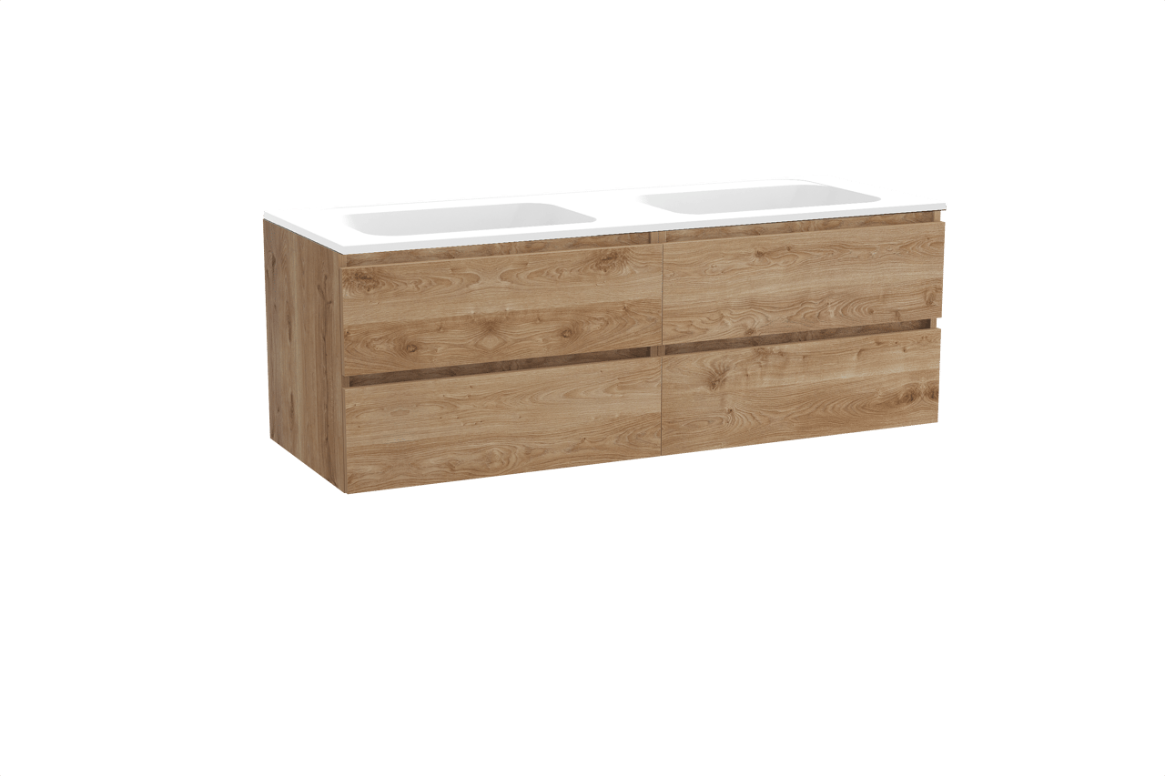 Balmani Lucida hängendes Möbelstück Set: 150 x 55 cm, Rohe Eiche, mit Tablo Strada Doppelwaschtisch, Marmorkomposit Weiß matt