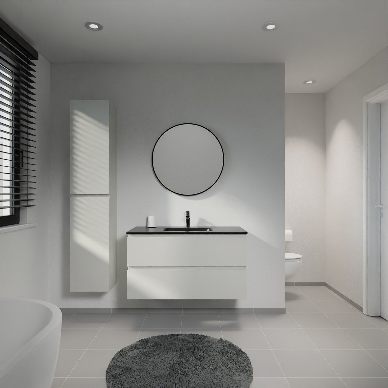 Linie Lado hängendes Möbelstück Set: 100 x 46 cm, Greige, mit Baro Einzelwaschtisch, Porzellan Schwarz matt