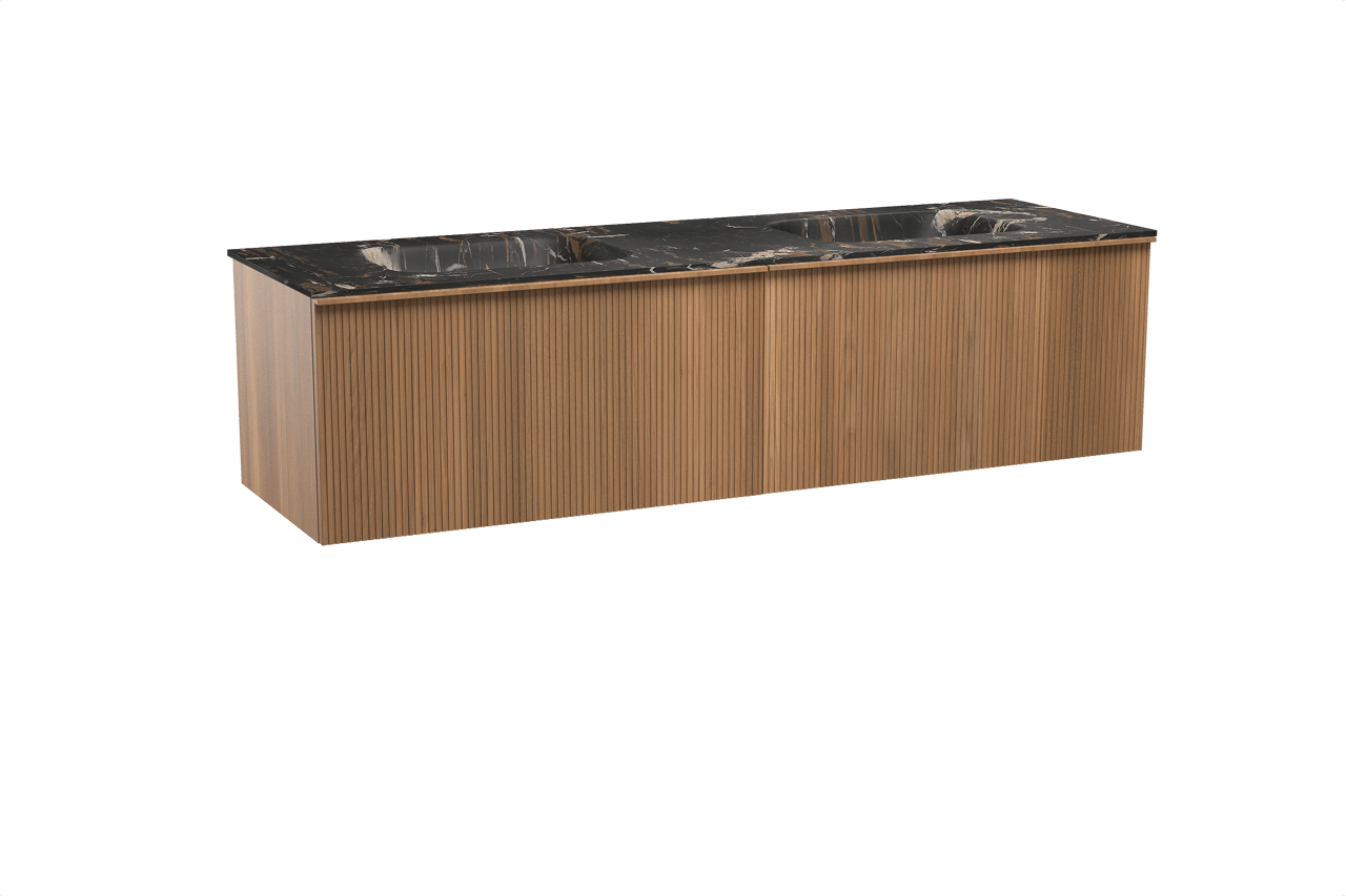 Balmani Forma hängendes Möbelstück Set: 180 x 55 cm, Teak, mit Tablo Arcato Doppelwaschtisch, Marmor, Portoro Gold, Vertikale symmetrische gerade Rippe