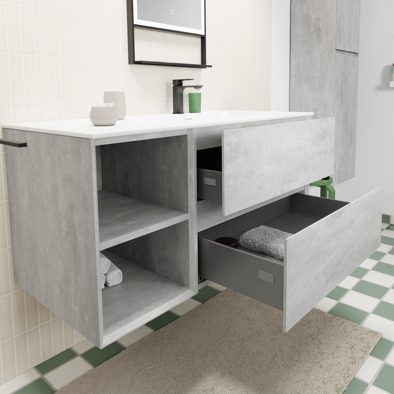 Storke Edge meuble salle de bains suspendu 110 x 52 cm béton gris foncé avec Mata plan vasque asymétrique à droite en solid surface blanc mat