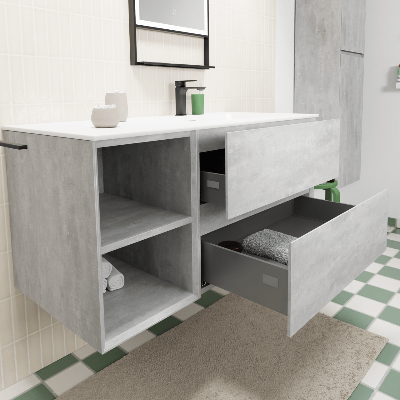 Storke Edge meuble salle de bains suspendu 110 x 52 cm béton gris foncé avec Mata plan vasque asymétrique à droite en solid surface blanc mat