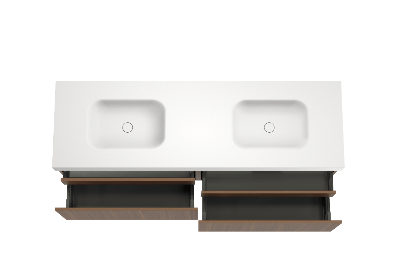 Balmani Sfera zwevend badkamermeubel 180 x 55 cm amerikaanse notelaar met Arcato dubbele wastafel in solid surface mat wit