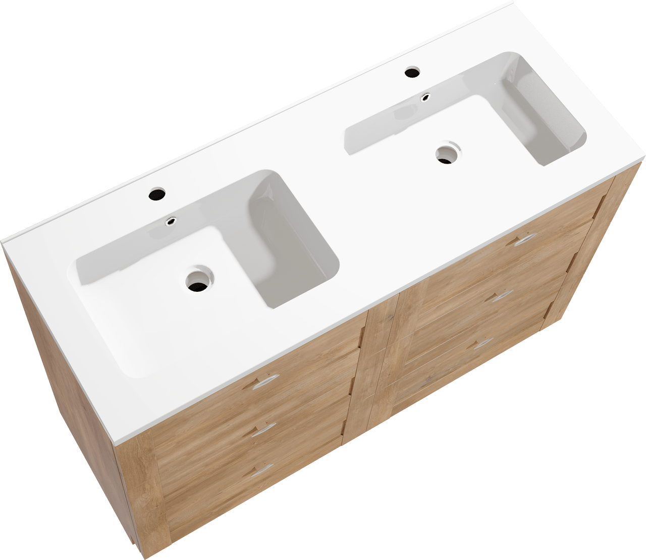 Linie Classo freistehendes Möbelstück Set: 120 x 46 cm, Naturbelassene Eiche, mit Vano Doppelwaschtisch, Marmorkomposit Weiß glänzend