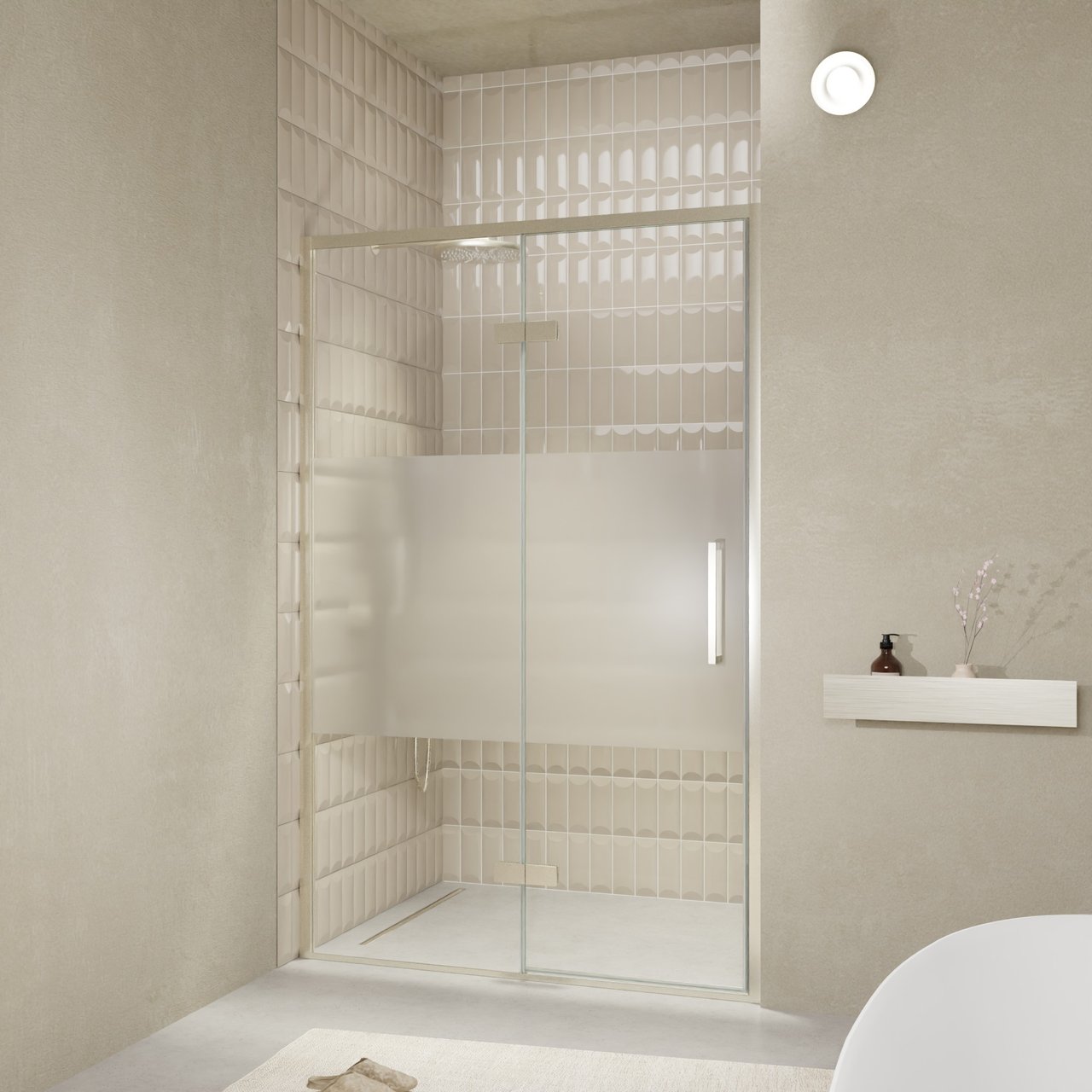 Balmani Senses Design douche draaideur links 140 cm x 210 cm Helder glas met matte strook, Brushed CoolMetal profielen, met coating