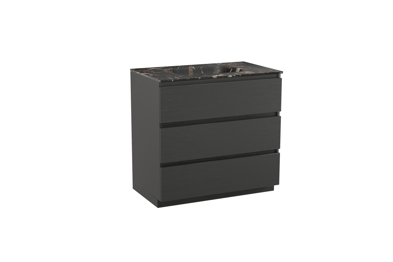 Balmani Lucida freistehendes Möbelstück Set: 90 x 55 cm, Schwarze Eiche, mit Tablo Arcato Einzelwaschtisch, Marmor Portoro Gold