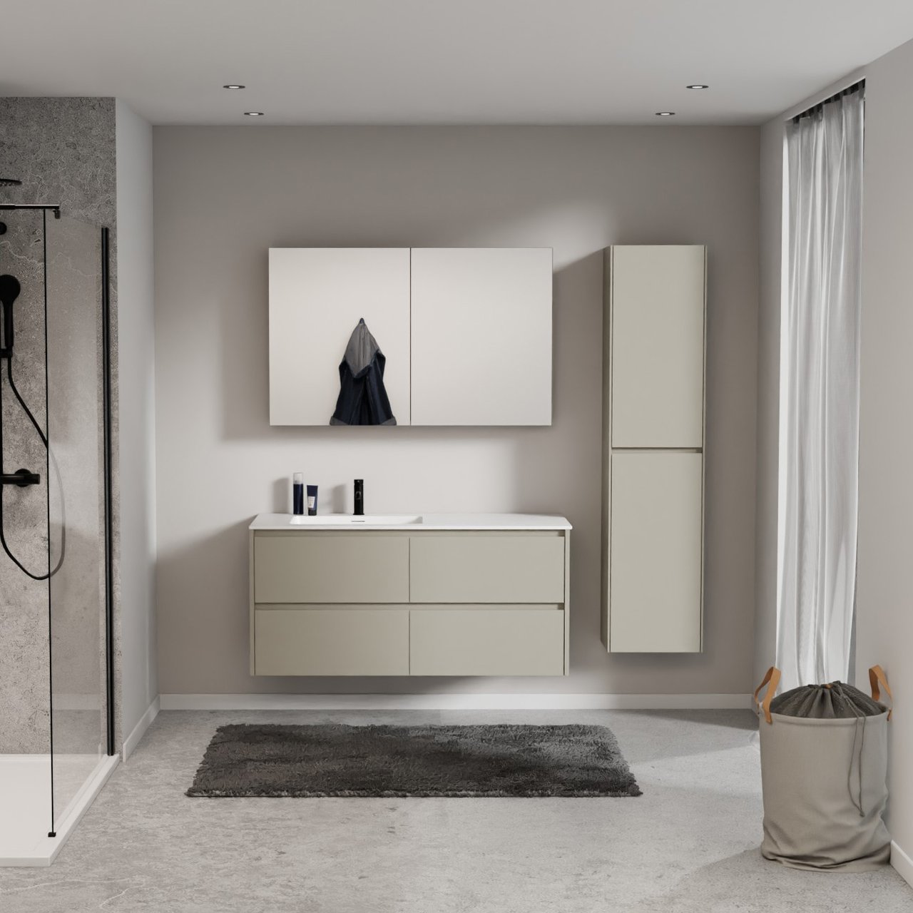 Storke Seda zwevend badmeubel 130 x 52 cm zijdegrijs met Mata asymmetrisch linkse wastafel in solid surface mat wit