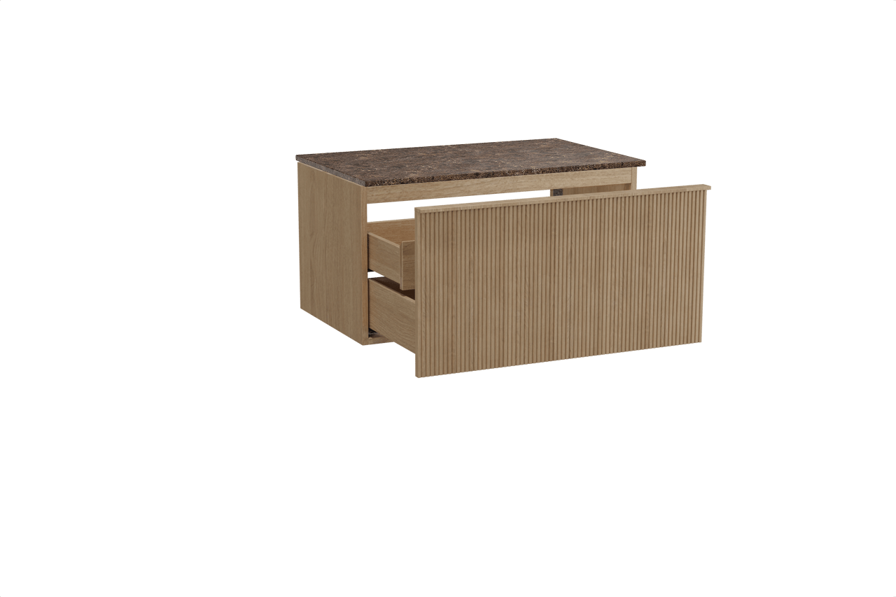 Balmani Forma hängendes Möbelstück Set: 90 x 55 cm, Naturbelassene Eiche, mit Stretto Einzel Waschtischplatte, Marmor, Dark Emperador, Vertikale symmetrische gerade Rippe