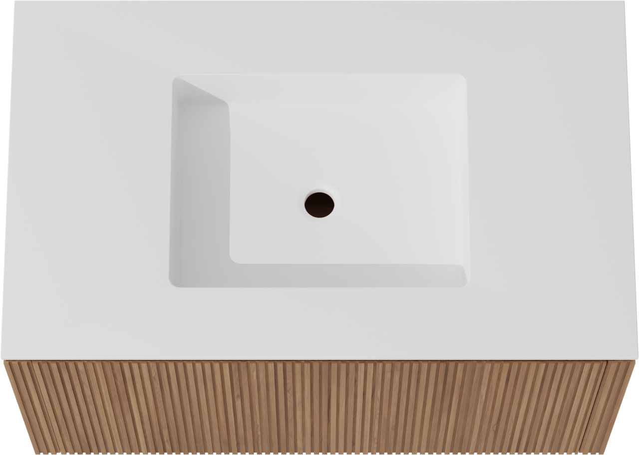 Balmani Eclips meuble salle de bains suspendu 90 x 55 cm Teck avec Tablo Stretto plan simple en Solid Surface blanc mat, Nervure droite symétrique verticale