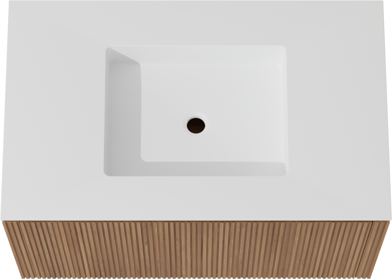 Balmani Eclips zwevend badkamermeubel 90 x 55 cm Teak met Tablo Stretto enkele wastafel in Solid Surface mat wit, Verticale symmetrische rechte ribbel