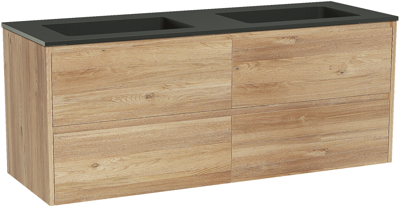 Storke Seda zwevend badmeubel 150 x 52 cm ruw eiken met Scuro dubbele wastafel in kwarts mat zwart