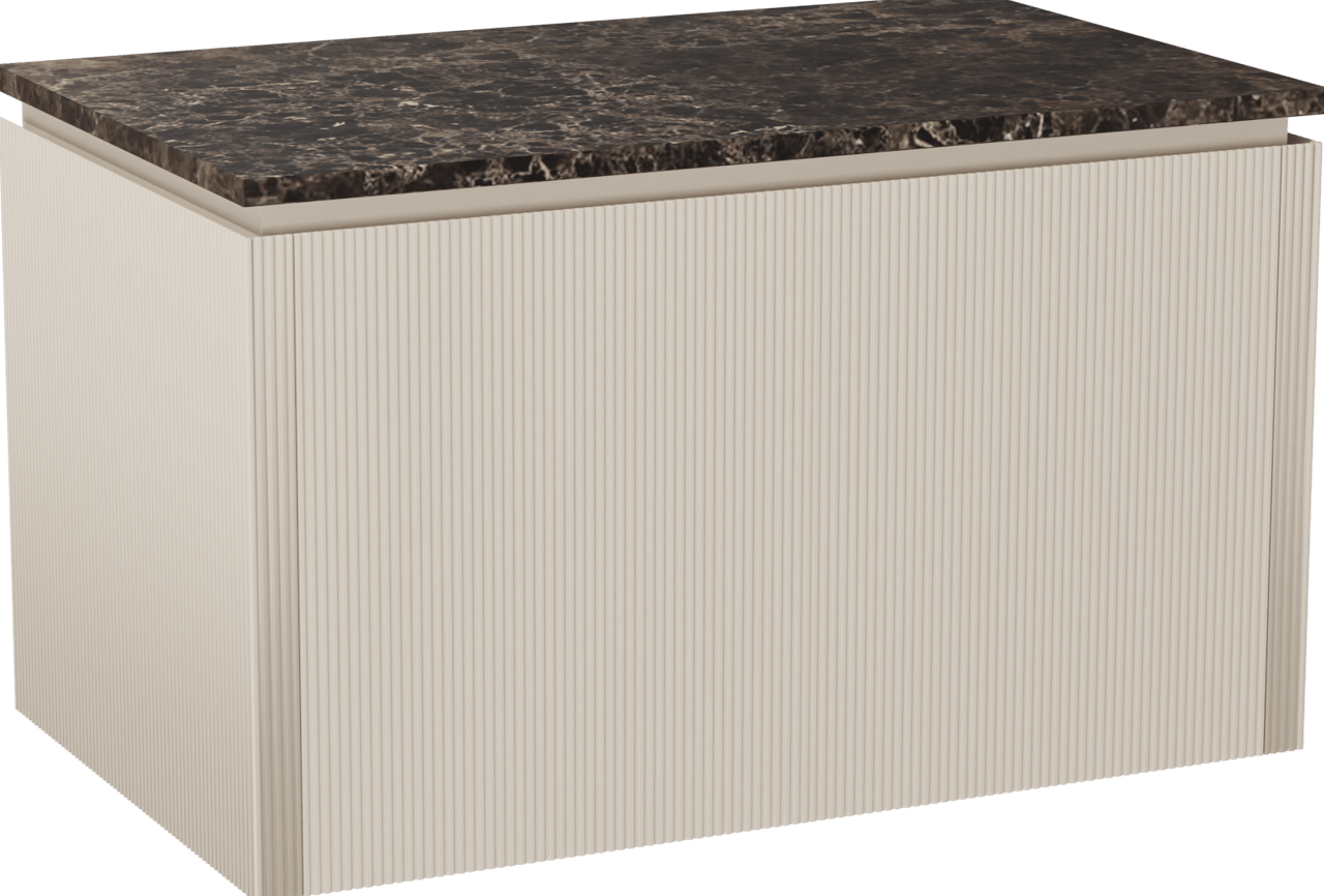 Balmani Eclips zwevend badkamermeubel 90 x 55 cm Sandbeige met Stretto enkel tablet in Dark Emperador marmer, Verticale symmetrische rechte ribbel