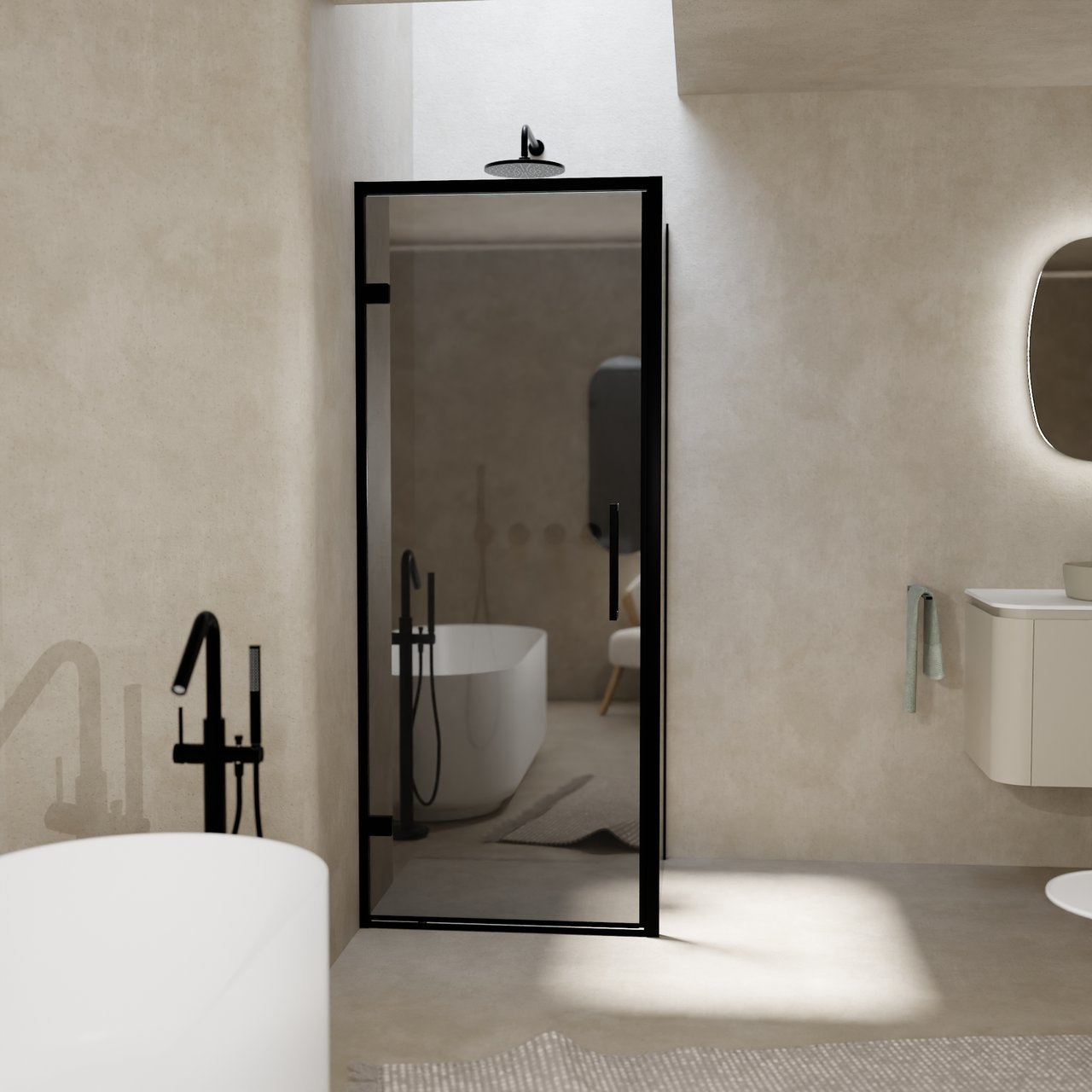 Balmani Senses Design douchehoek met linkse draaideur en vaste zijwand, 90 x 90 cm, Reflex spiegelglas, Zwarte profielen