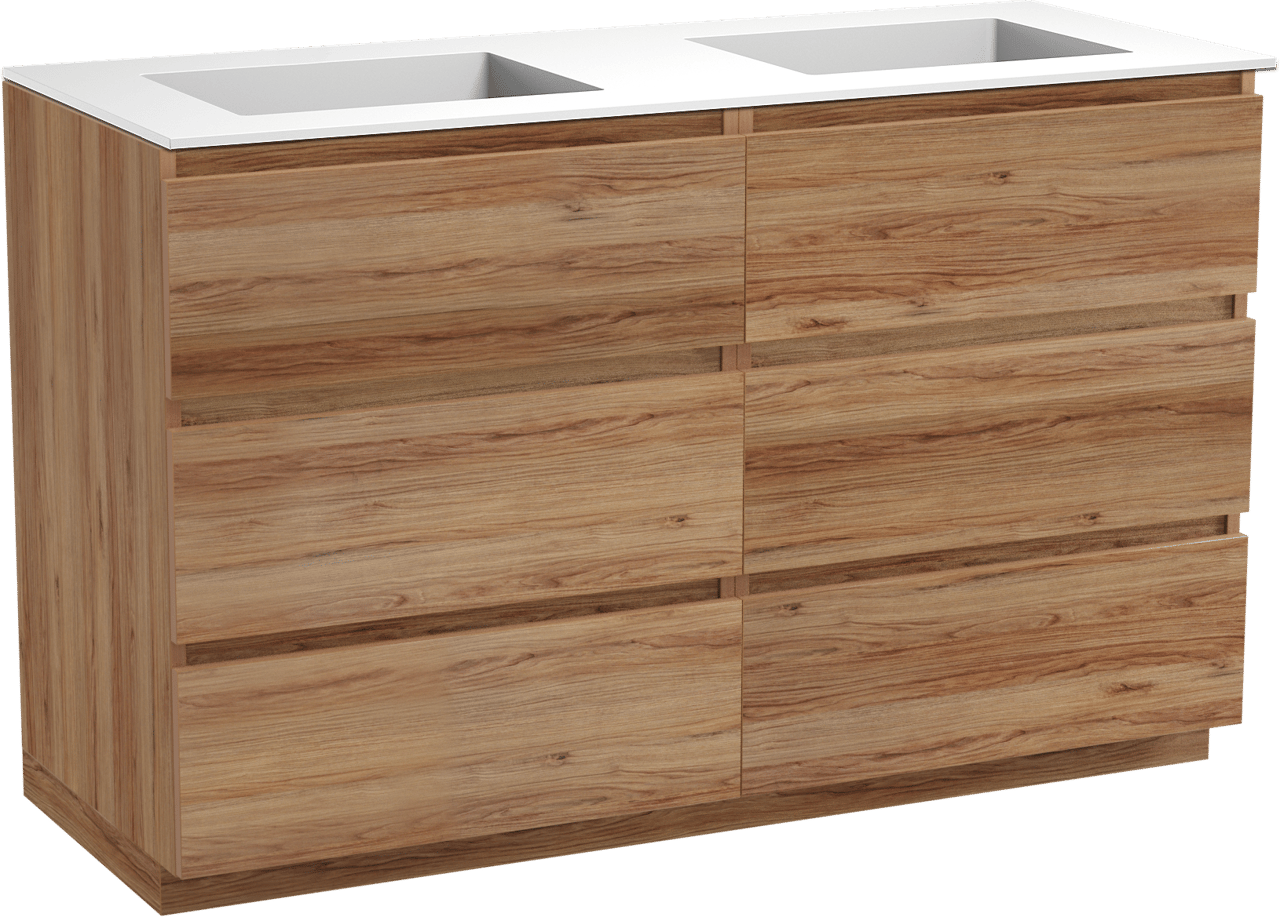 Balmani Lucida freistehendes Möbelstück Set: 135 x 55 cm, Teak, mit Tablo Stretto Doppelwaschtisch, Solid Surface Weiß matt
