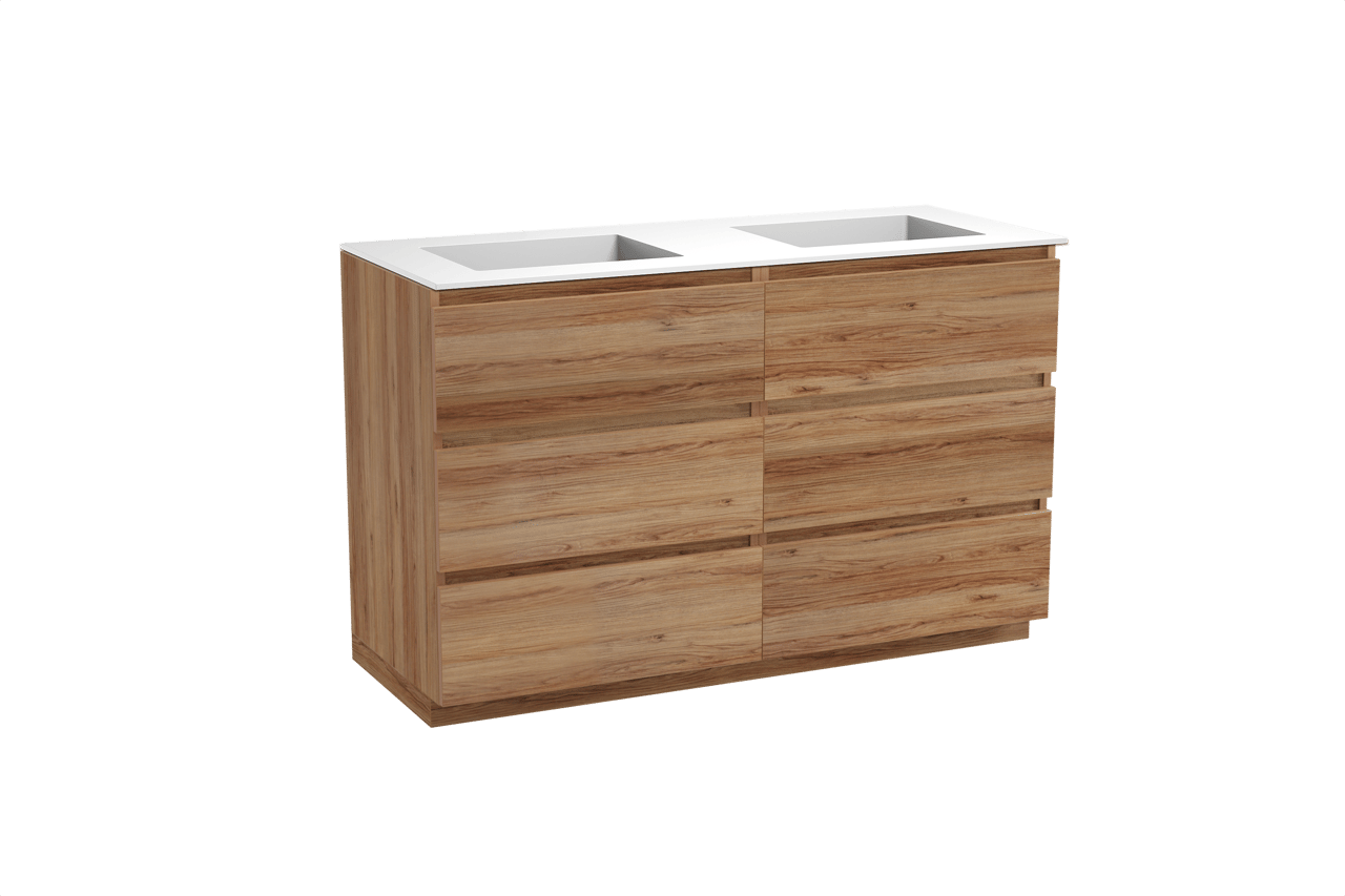 Balmani Lucida staand badkamermeubel 135 x 55 cm teak met Tablo Stretto dubbele wastafel in solid surface mat wit