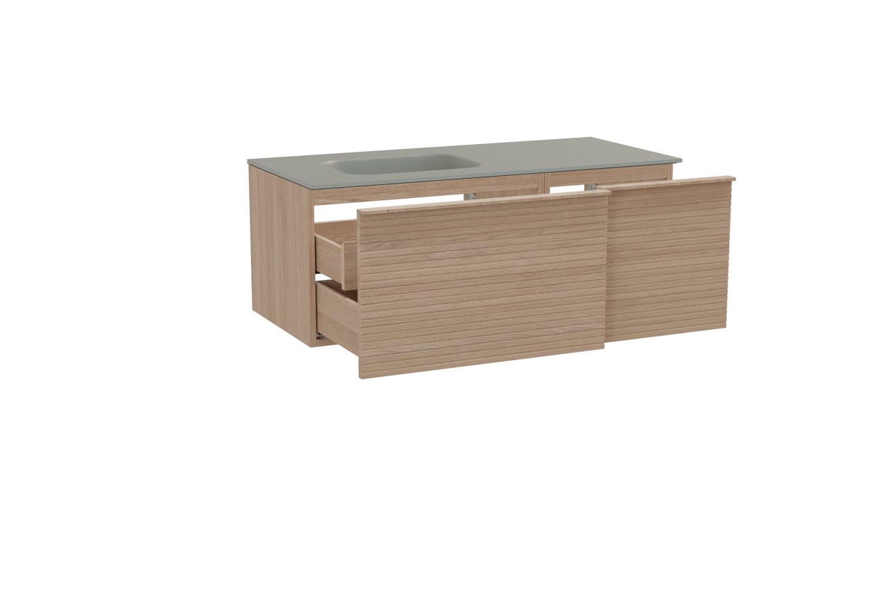 Balmani Forma meuble salle de bains suspendu 120 x 55 cm chêne naturel avec Tablo Arcato plan vasque asymétrique à gauche en solid surface gris pierre, Nervure droite symétrique horizontale