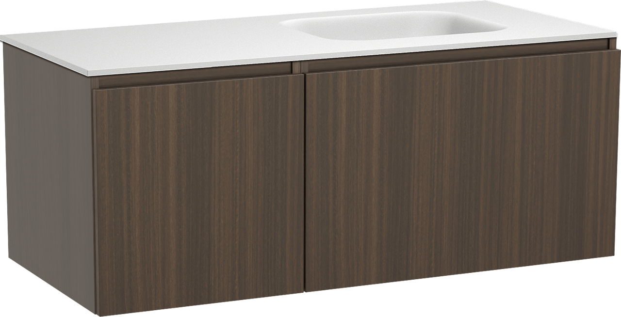 Balmani Sfera hängendes Möbelstück Set: 120 x 55 cm, Eucalyptus, mit Tablo Arcato Waschtisch rechts, Solid Surface Weiß matt