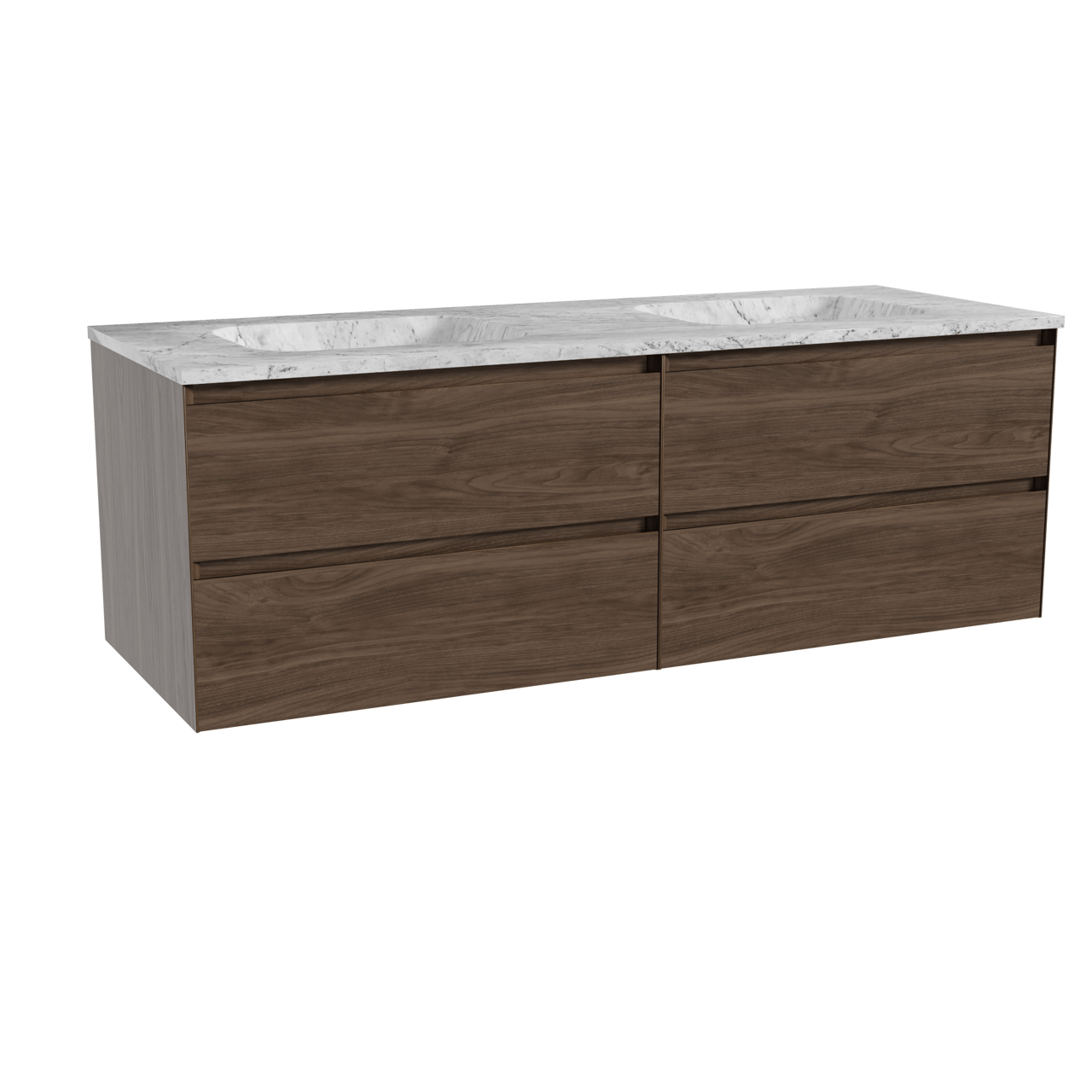 Balmani Mitra hängendes Möbelstück Set: 150 x 55 cm, Amerikanischer Nussbaum, mit Tablo Arcato Doppelwaschtisch, Marmor Carrara