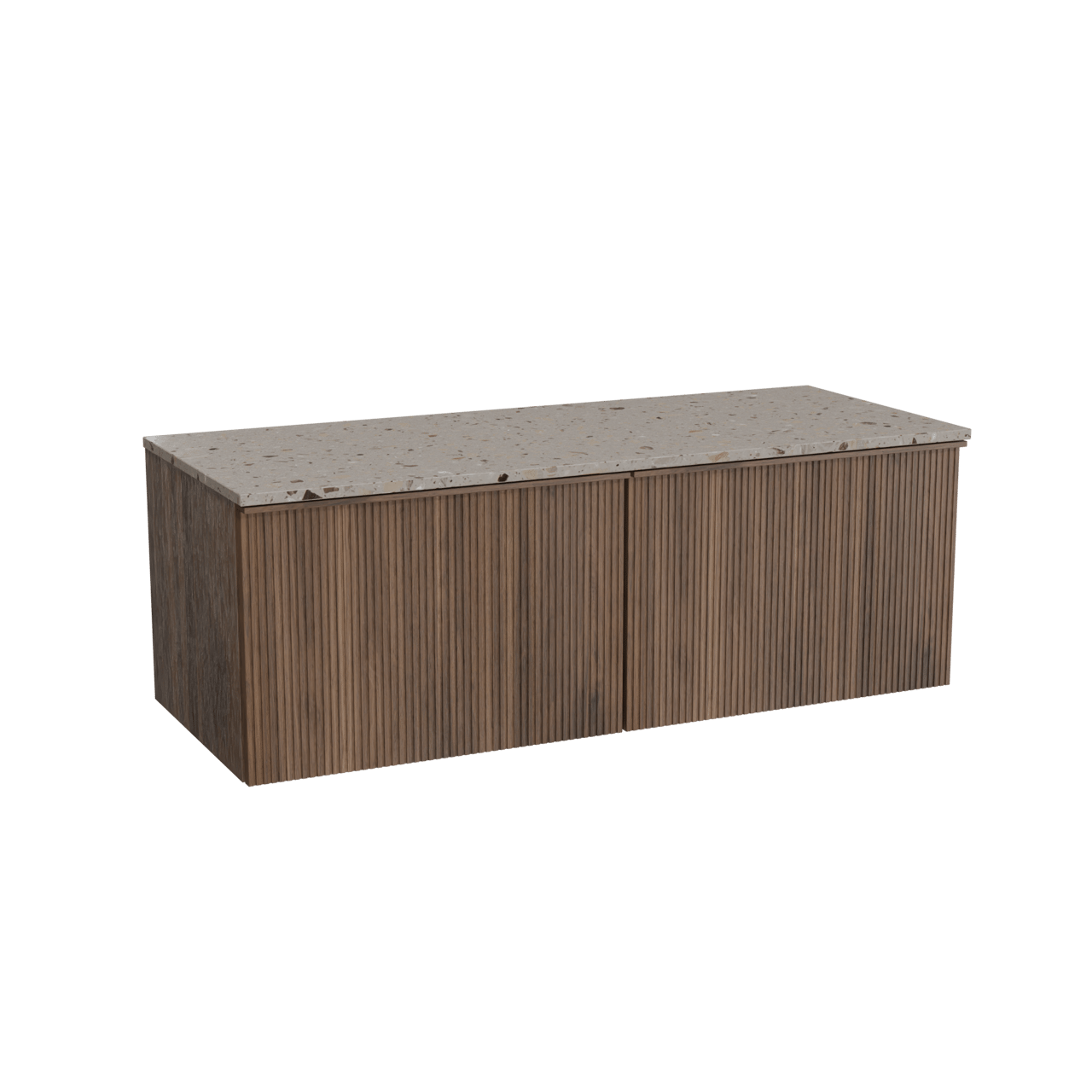 Balmani Forma zwevend badkamermeubel 135 x 55 cm amerikaanse notelaar met Stretto enkel of dubbel tablet in terrazzo greige terrazzo, Verticale symmetrische rechte ribbel