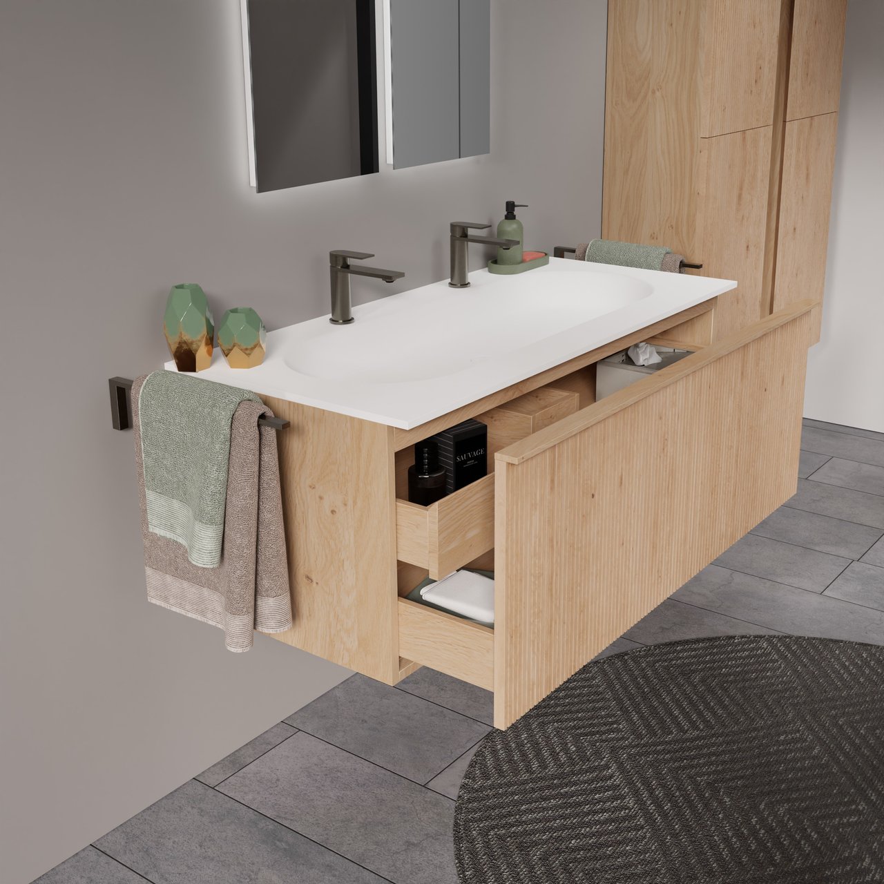 Balmani Forma zwevend badkamermeubel 120 x 55 cm natuur eik met Tablo Oval enkele wastafel voor 2 kraangaten in solid surface mat wit, Verticale symmetrische rechte ribbel