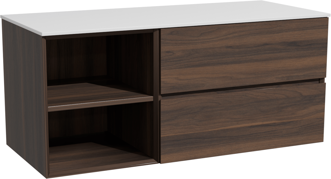 Storke Edge meuble salle de bains suspendu 120 x 52 cm noyer avec Tavola tablette simple ou double en solid surface blanc mat