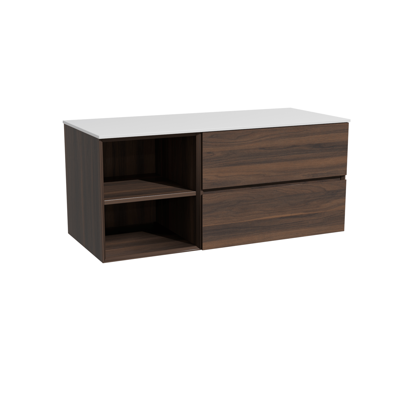 Storke Edge meuble salle de bains suspendu 120 x 52 cm noyer avec Tavola tablette simple ou double en solid surface blanc mat