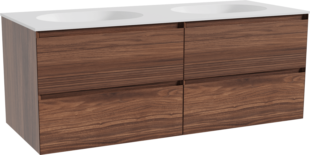 Balmani Mitra zwevend badmeubel 135 x 55 cm notenhout met Tablo Oval dubbele wastafel in solid surface mat wit