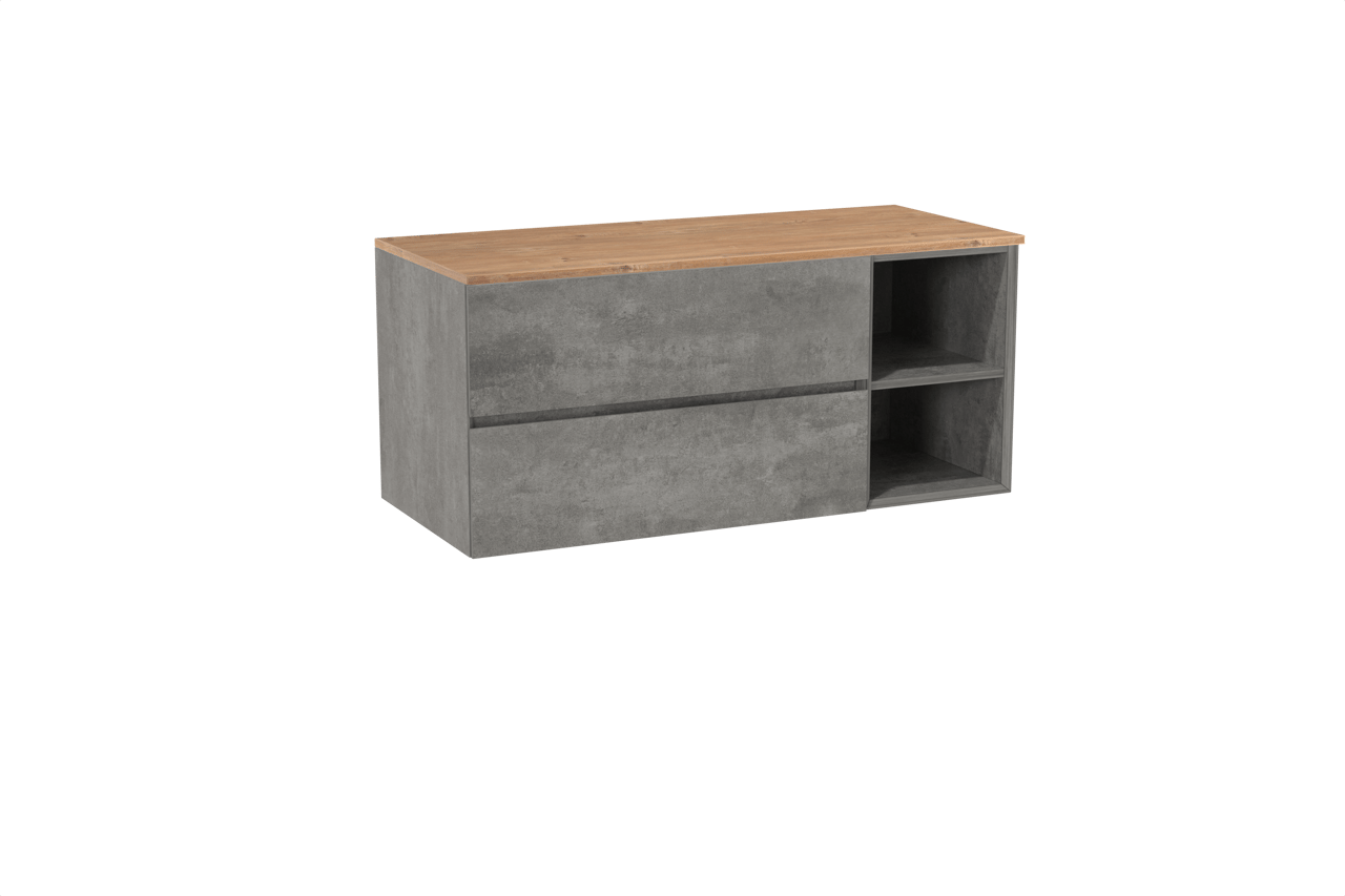 Storke Edge hängendes Möbelstück Set: 120 x 52 cm, Beton dunkelgrau, mit Panton Einzel- oder Doppel Waschtischplatte, Melamin Rohe Eiche