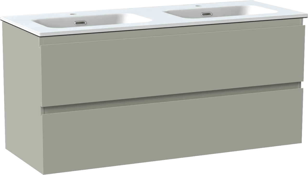 Linie Lado meuble salle de bains suspendu 120 x 46 cm greige avec Baro double vasque en porcelaine blanc mat