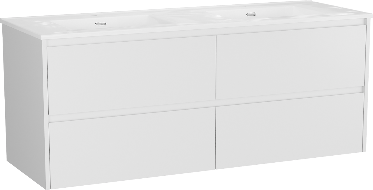 Storke Seda meuble salle de bains suspendu 150 x 52 cm blanc mat avec Kera double vasque en porcelaine blanc brillant, bondes incluses