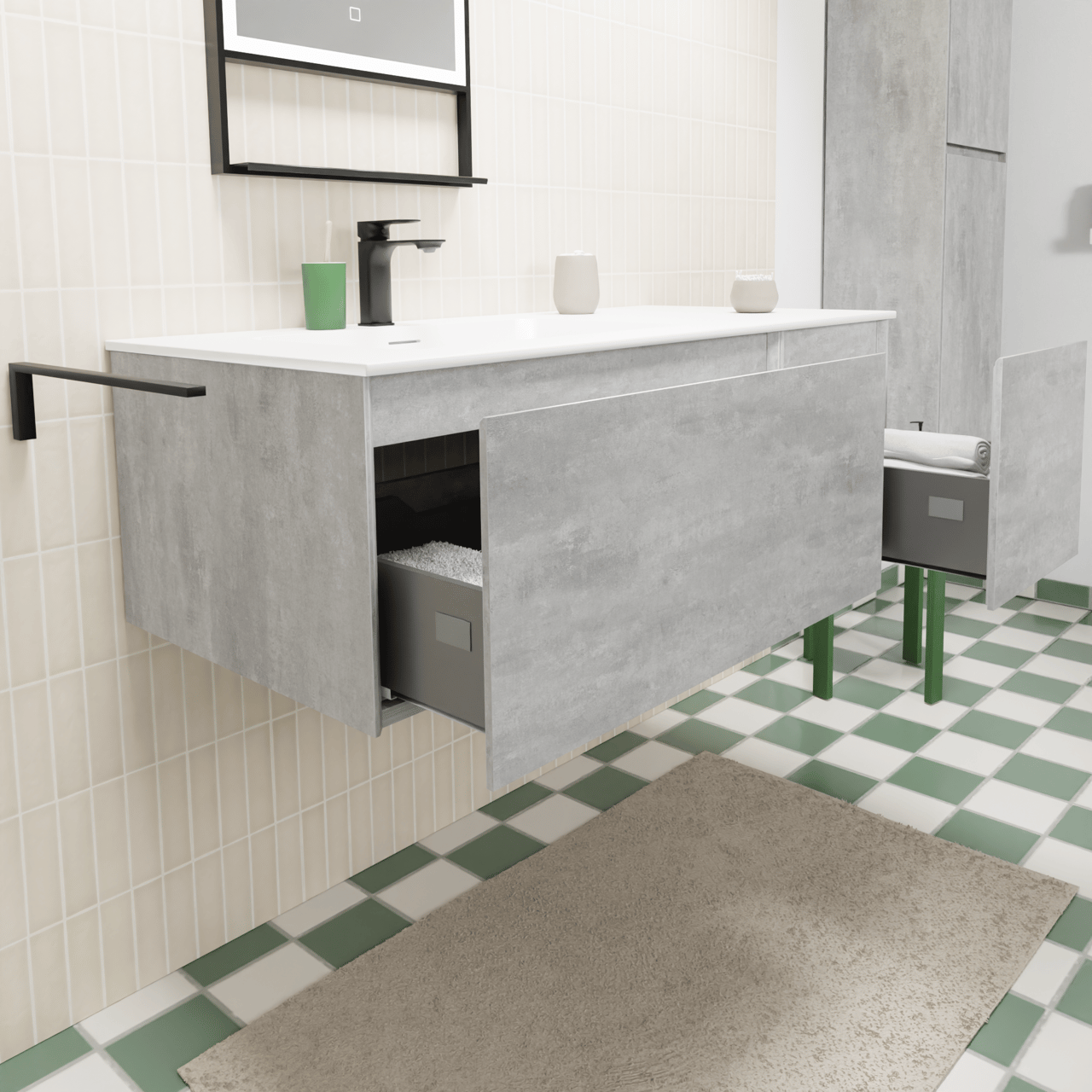 Storke Edge meuble salle de bains suspendu 110 x 52 cm béton gris foncé avec Mata plan vasque asymétrique à gauche en solid surface blanc mat