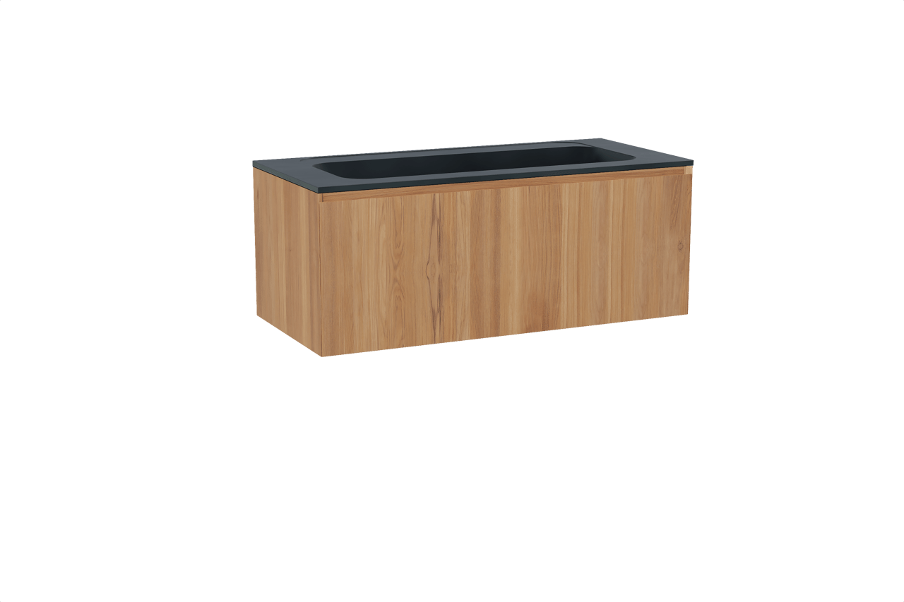 Balmani Idra zwevend badkamermeubel 120 x 55 cm teak met Tablo Strada enkele wastafel voor 2 kraangaten in composietmarmer mat zwart