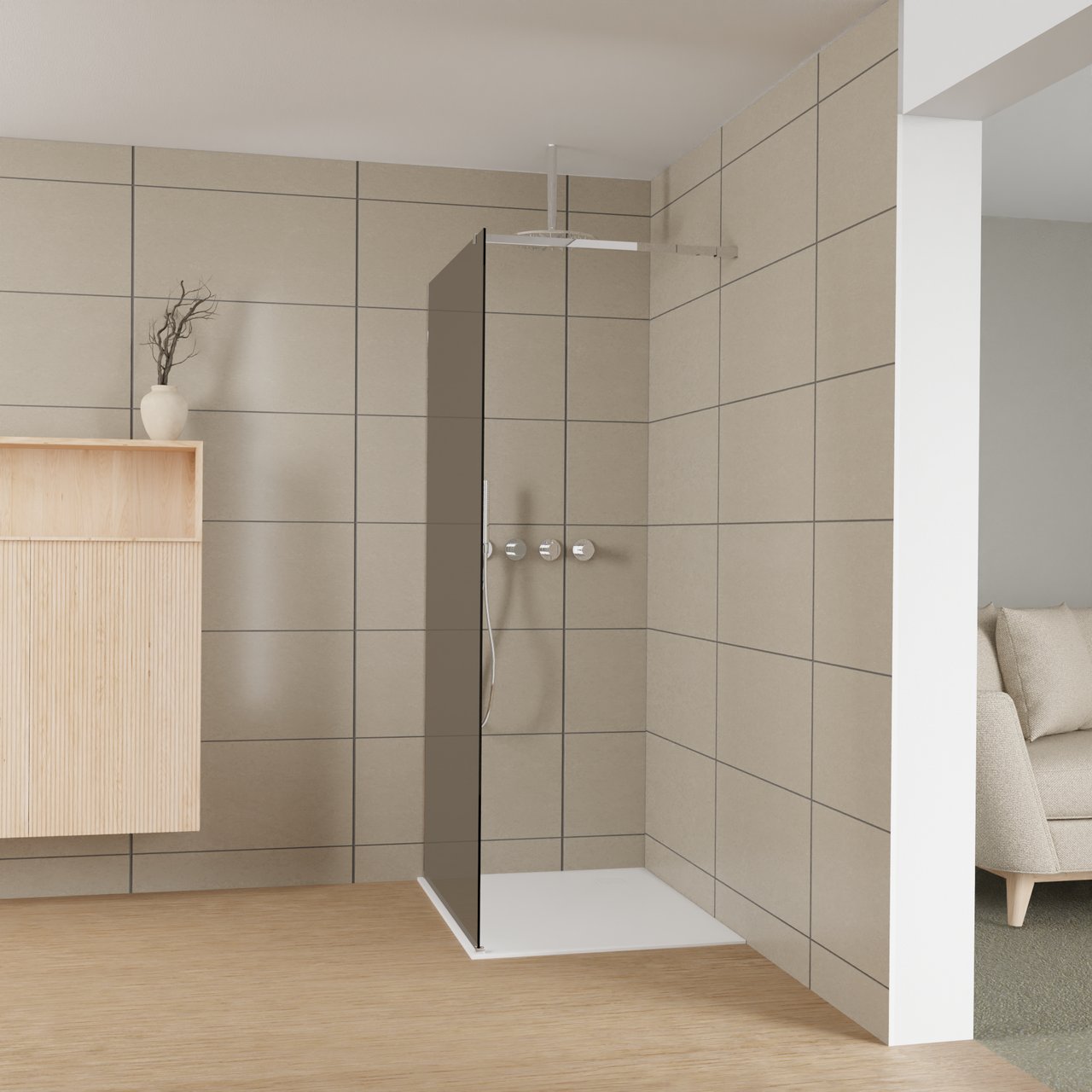 Balmani Modular inloopdouche: 100 x 200 cm, Rookglas met coating, Glanzend chroom profielen