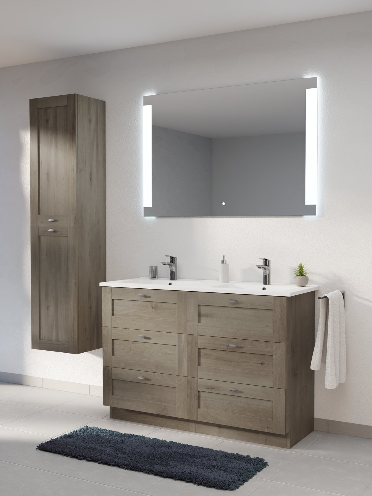 Linie Classo staand badkamermeubel 120 x 46 cm grijze eik met Vano dubbele wastafel in composietmarmer mat wit