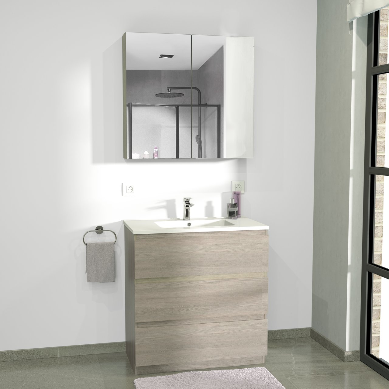 Linie Montro Spiegelschrank Bad: 80 x 75 cm, graue Eiche