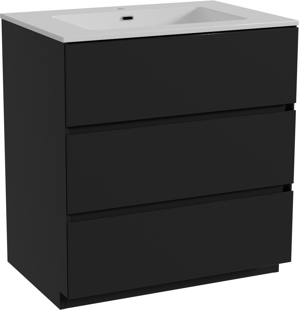 Storke Edge freistehendes Möbelstück Set: 75 x 52 cm, Schwarz matt, mit Diva Einzelwaschtisch, Marmorkomposit Weiß glänzend